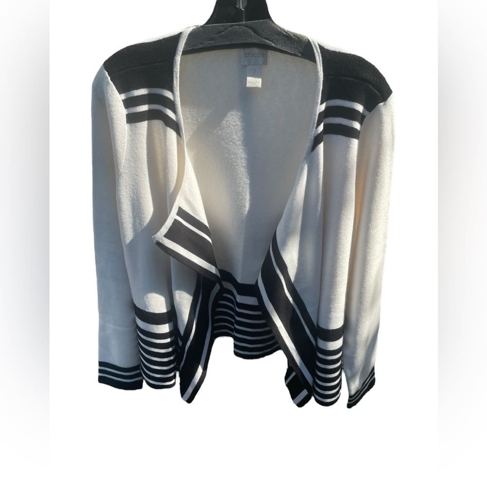 Chico's‎  Off White Black stripes Cropped 3/4 length sleeve Cardigan